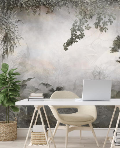 Muted green jungle trees and bushes framed around a white background wallpaper