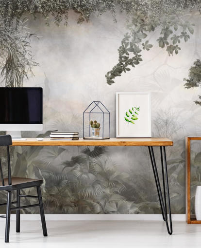 Arbres et buissons verts discrets de la jungle encadrés autour d'un papier peint sur fond blanc