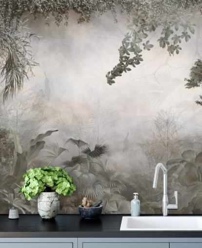 Muted green jungle trees and bushes framed around a white background wallpaper