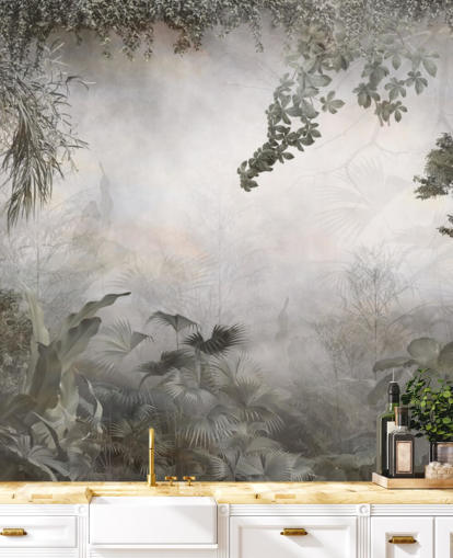 Árboles y arbustos de la selva verde apagados enmarcados alrededor de un fondo de pantalla blanco Árboles y arbustos de la selva verde apagados enmarcados alrededor de un fondo de pantalla blanco