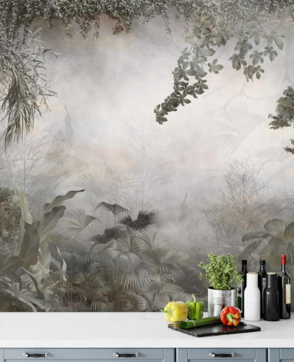 Arbres et buissons verts discrets de la jungle encadrés autour d'un papier peint sur fond blanc