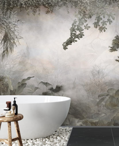 Dempede grønne jungeltrær og busker innrammet rundt en hvit bakgrunn bakgrunn