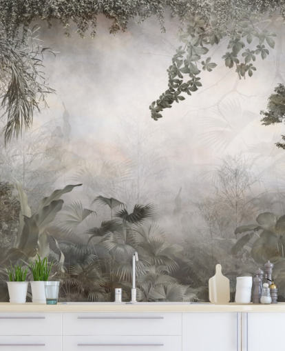 Muted green jungle trees and bushes framed around a white background wallpaper