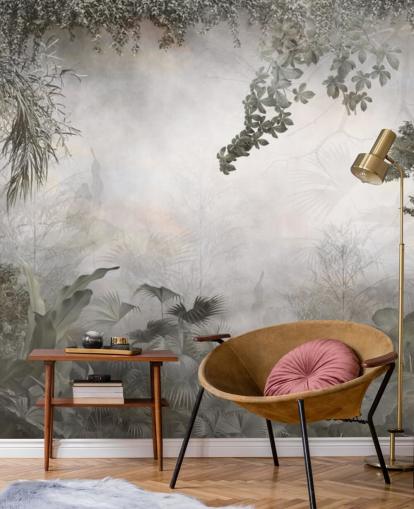 Gedämpfte grüne Dschungelbäume und Sträucher, umrahmt von einer weißen Hintergrundtapete