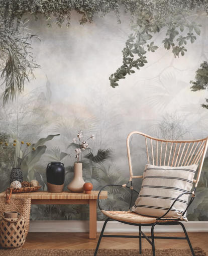 Dæmpede grønne jungle træer og buske indrammet omkring en hvid baggrund tapet