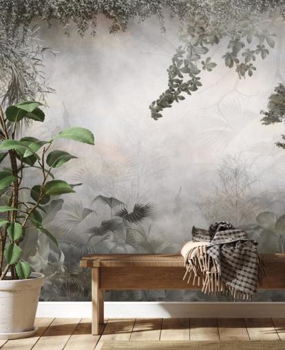 Muted green jungle trees and bushes framed around a white background wallpaper