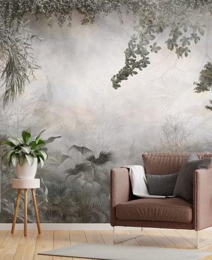 Muted green jungle trees and bushes framed around a white background wallpaper