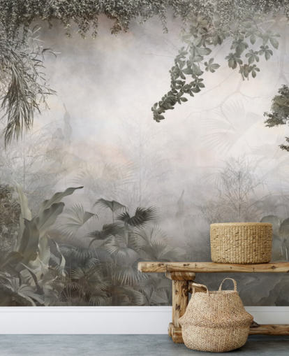 Gedämpfte grüne Dschungelbäume und Sträucher, umrahmt von einer weißen Hintergrundtapete