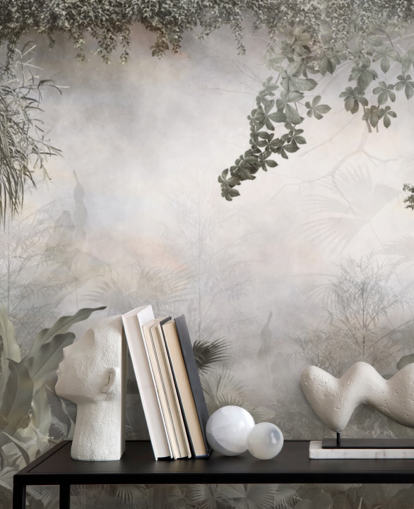 Muted green jungle trees and bushes framed around a white background wallpaper