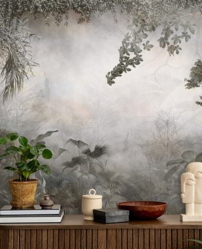 Muted green jungle trees and bushes framed around a white background wallpaper