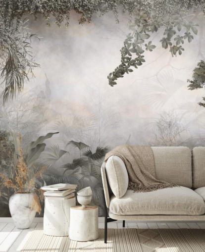 Muted green jungle trees and bushes framed around a white background wallpaper