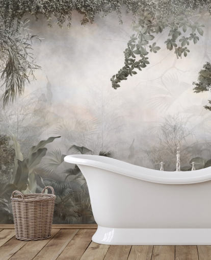 Árboles y arbustos de la selva verde apagados enmarcados alrededor de un fondo de pantalla blanco