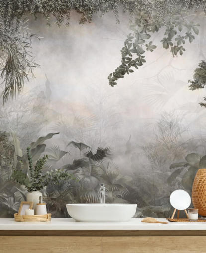 Dempede grønne jungeltrær og busker innrammet rundt en hvit bakgrunn bakgrunn