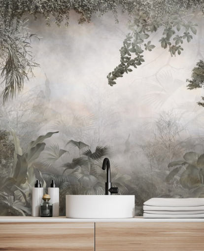 Arbres et buissons verts discrets de la jungle encadrés autour d'un papier peint sur fond blanc