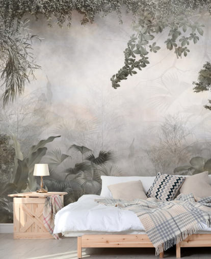 Árboles y arbustos de la selva verde apagados enmarcados alrededor de un fondo de pantalla blanco