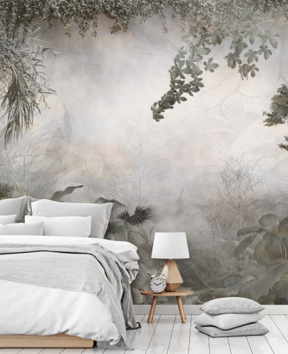 Mykistetty vihreä viidakon puita ja pensaita kehystetty valkoisella taustalla taustakuva