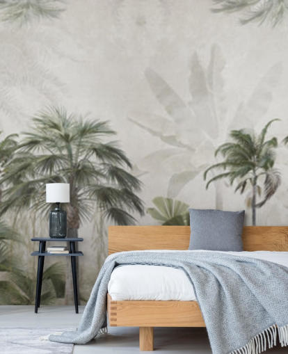 Panoramic muted green and grey jungle wallpaper with tall palm trees