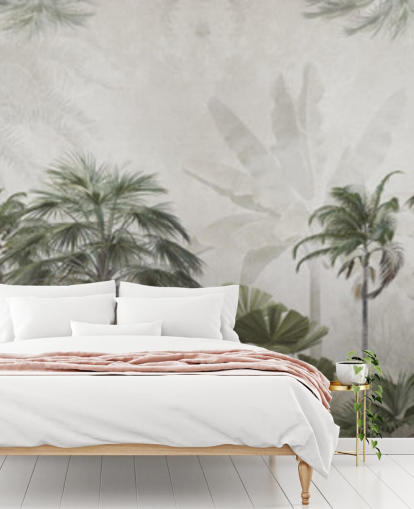 Panoramic muted green and grey jungle wallpaper with tall palm trees