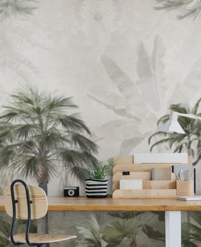 Panoramic muted green and grey jungle wallpaper with tall palm trees