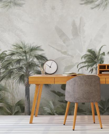 Papel pintado panorámico de selva en verde y gris apagado con palmeras altas Papel pintado panorámico de selva en verde y gris apagado con palmeras altas
