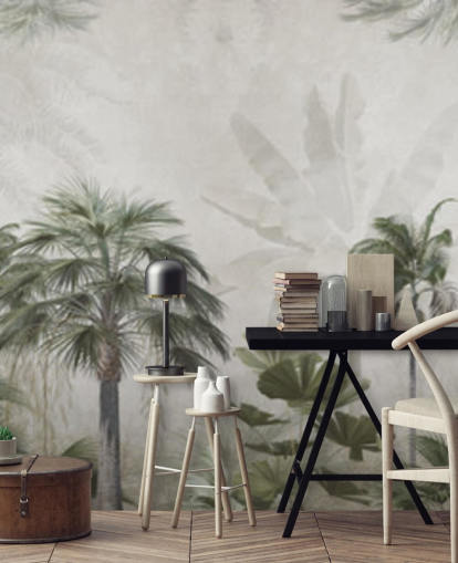 Panoramic muted green and grey jungle wallpaper with tall palm trees