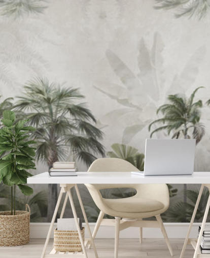 Panoramic muted green and gray jungle wallpaper with tall palm trees