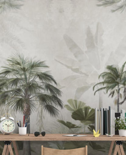 Papel pintado panorámico de selva en verde y gris apagado con palmeras altas Papel pintado panorámico de selva en verde y gris apagado con palmeras altas