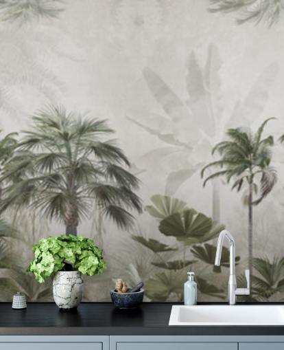 Panoramic muted green and grey jungle wallpaper with tall palm trees