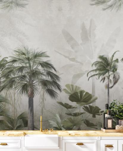 Panoramic muted green and grey jungle wallpaper with tall palm trees