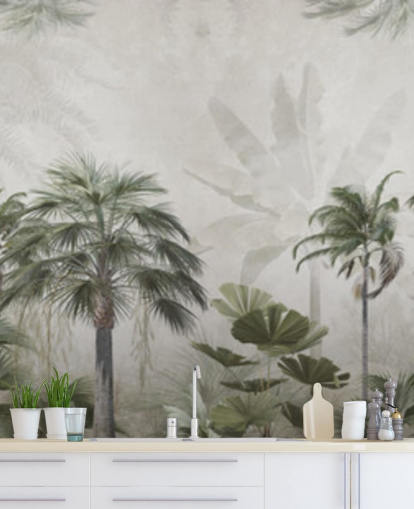 Papier peint panoramique de la jungle verte et grise avec de grands palmiers