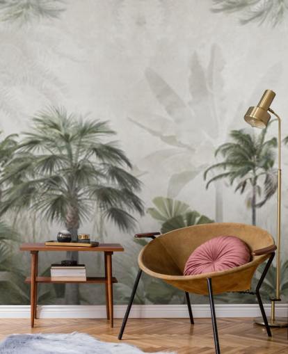 Panoramic muted green and grey jungle wallpaper with tall palm trees