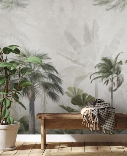 Panoramic muted green and grey jungle wallpaper with tall palm trees Panoramic muted green and grey jungle wallpaper with tall palm trees