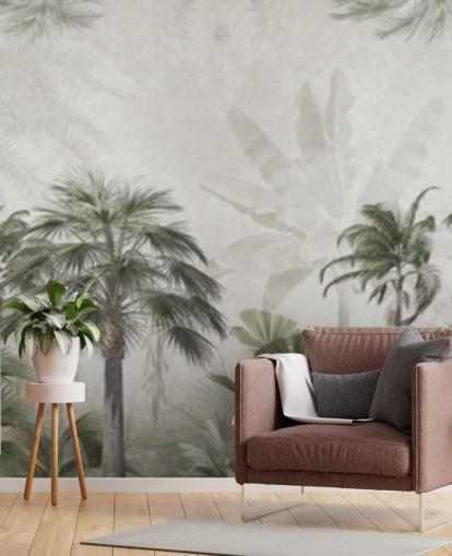 Papel pintado panorámico de selva en verde y gris apagado con palmeras altas