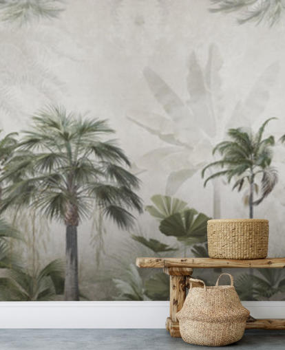 Panoramic muted green and grey jungle wallpaper with tall palm trees