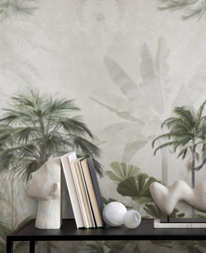 Papel pintado panorámico de selva en verde y gris apagado con palmeras altas