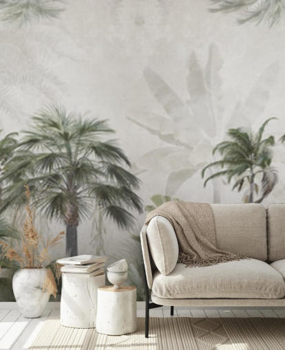 Papel pintado panorámico de selva en verde y gris apagado con palmeras altas