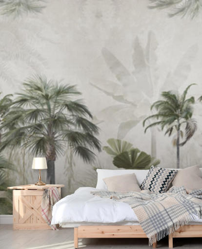 Panoramic muted green and grey jungle wallpaper with tall palm trees