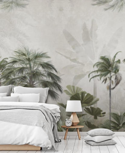 Panoramic muted green and grey jungle wallpaper with tall palm trees