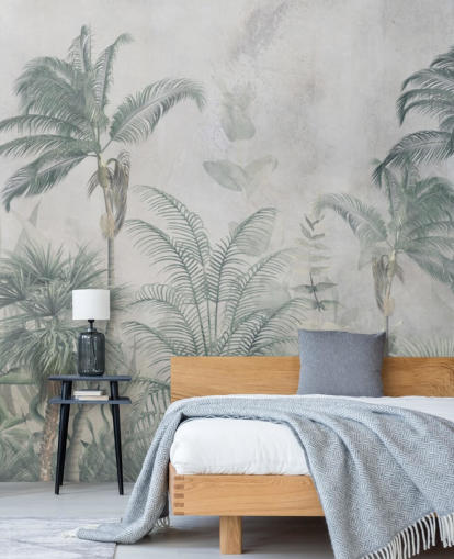 Blue and teal jungle palm trees with a light blue haze wallpaper