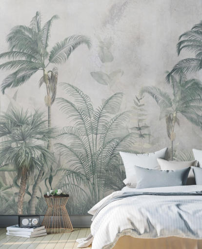 Blauwe en groenblauwe junglepalmbomen met een lichtblauw haze-behang Blauwe en groenblauwe junglepalmbomen met een lichtblauw haze-behang