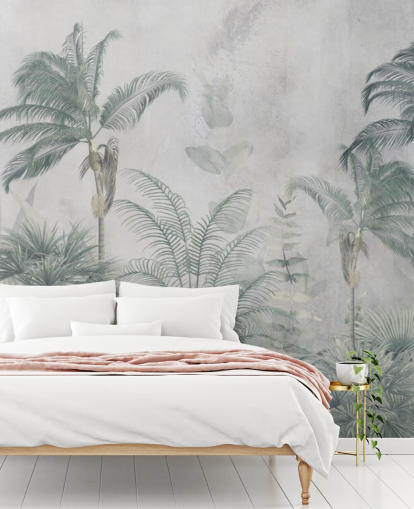 Palme della giungla blu e verde acqua con una carta da parati blu chiaro Palme della giungla blu e verde acqua con una carta da parati blu chiaro