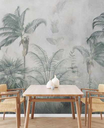 Blauwe en groenblauwe junglepalmbomen met een lichtblauw haze-behang