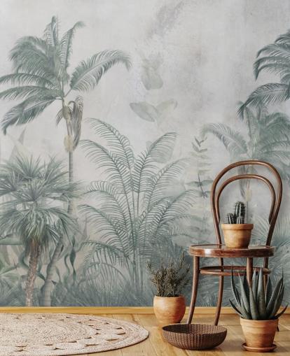 Blauwe en groenblauwe junglepalmbomen met een lichtblauw haze-behang