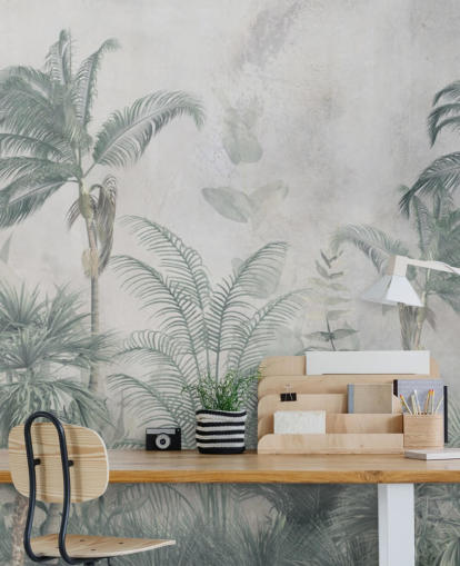 Palme della giungla blu e verde acqua con una carta da parati blu chiaro