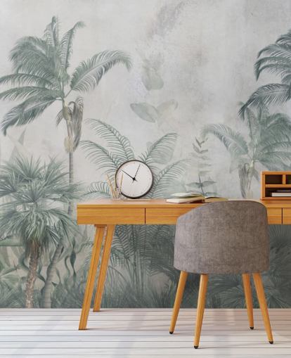 Palme della giungla blu e verde acqua con una carta da parati blu chiaro