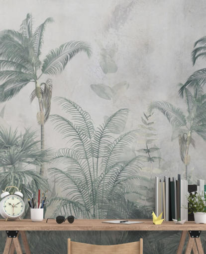 Blue and teal jungle palm trees with a light blue haze wallpaper