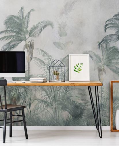 Blauwe en groenblauwe junglepalmbomen met een lichtblauw haze-behang Blauwe en groenblauwe junglepalmbomen met een lichtblauw haze-behang