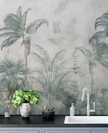 Blauwe en groenblauwe junglepalmbomen met een lichtblauw haze-behang Blauwe en groenblauwe junglepalmbomen met een lichtblauw haze-behang