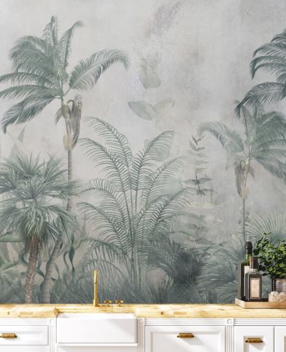 Blue and teal jungle palm trees with a light blue haze wallpaper