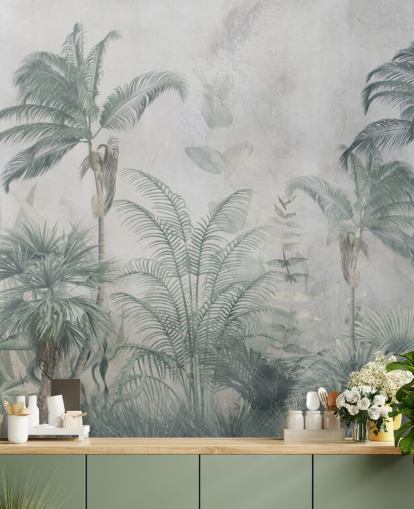 Blauwe en groenblauwe junglepalmbomen met een lichtblauw haze-behang Blauwe en groenblauwe junglepalmbomen met een lichtblauw haze-behang